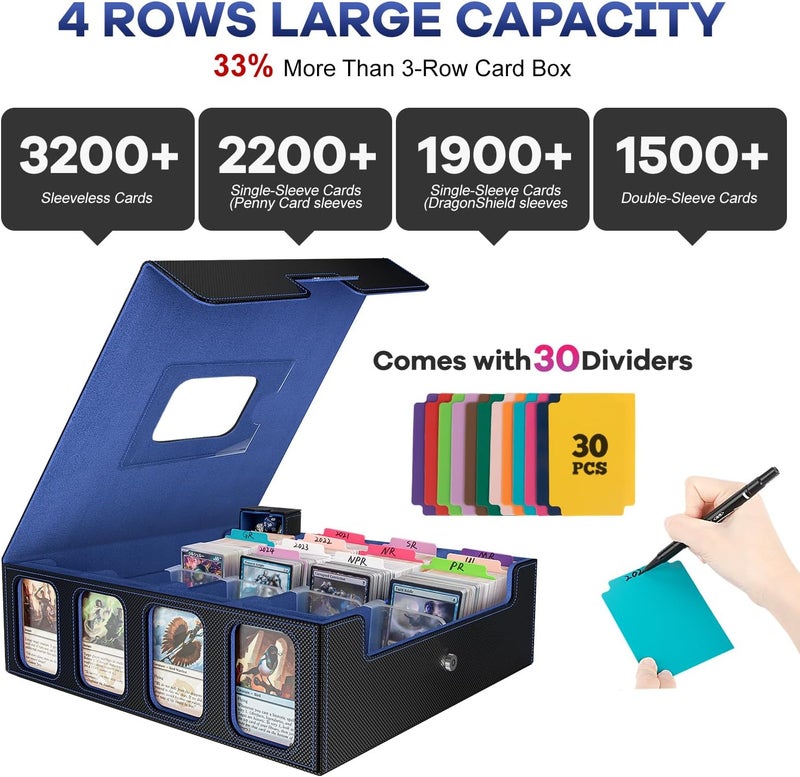 Gomyrod 3200+ Trading Card Storage Box with Commander Display, 4-Row TCG Card Box with Portable Handle, Compatible for TCG/MTG/Magic Cards, 30 Colorful Divider, 8 Supporters, US Design Patent (Black&Blue) - Image 2